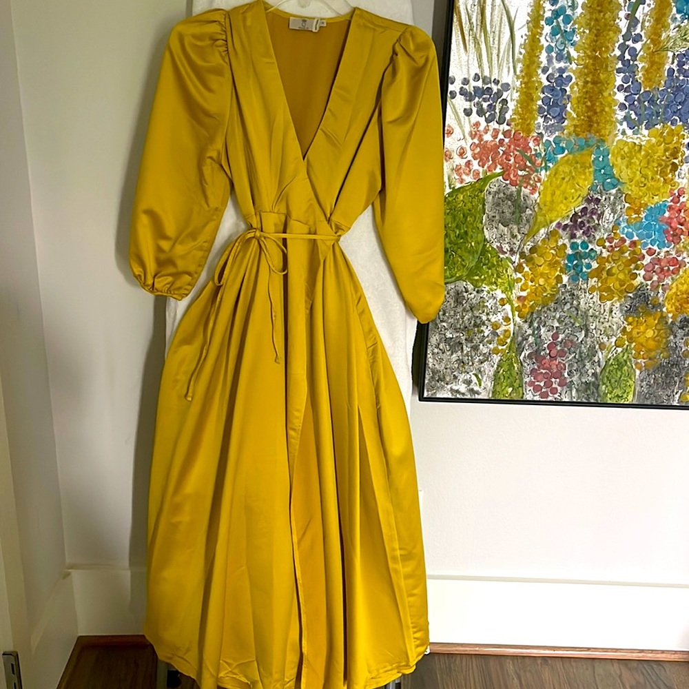 Silk satin wrap dress in yellow gold